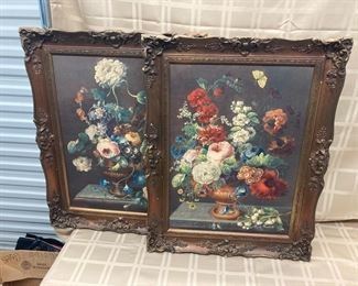 LOT 027- Pair of floral prints with carved frames 12in by 27in was $75***SALE $35