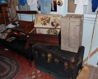 vintage cracker box and old trunk, converted buggy seat into a bench