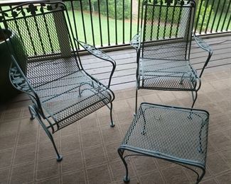 pair metal patio chairs and foot rest