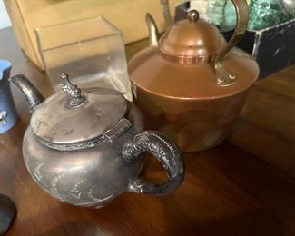 Tagus Portugal copper teapot, Van Bergh quadruple silver plate teapot