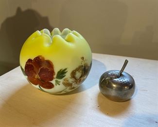 Antique Victori hand painted yellow satin crimped bowl, A.L. Handle pewter