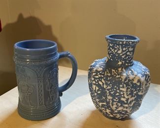 Westmoreland blue slag milk glass Stein, white splatter on blue 6” vase