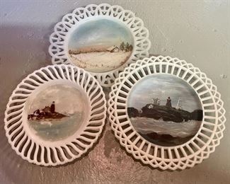 Vtg hand painted reticulated milk glass