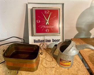 Vtg Ballantine Beer clock, Lawson oil can