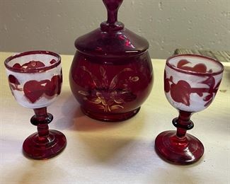 Antique Bohemian Ruby red dish & 2 glasses