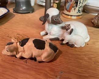 Vtg HOMCO mother lamb & baby figurine, ceramic spotted pig with glass eye