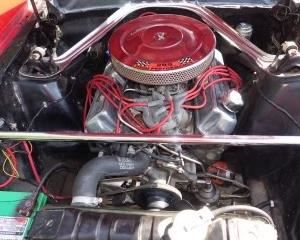 CLOSE UP VIEW OF REPLACED UPDATED MOTOR WITH ONLY 5000 MILES  ON VINTAGE 1966 MUSTANG IN EXCELLENT CONDITION AND STARTS SECOND PHASE ON JUNE 22 THRU JUNE 25, 2023. 