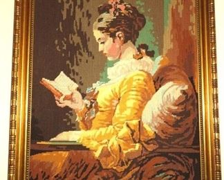Vintage Needlepoint Jean-Honore Fragonard- Girl Reading Framed Completed