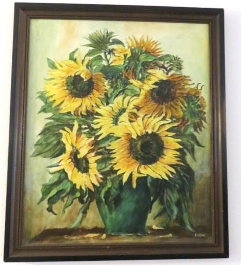 Vintage Original Sunflower Still Life Oil on Board Painting, Artist Signed Knittel 