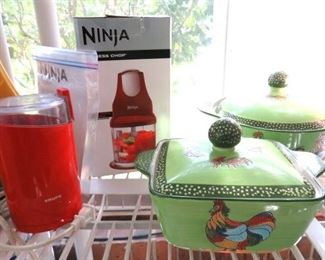 Red Krups Coffee Bean Grinder/Ninja Express Chop, Covered Rooster Design Casserole Dishes