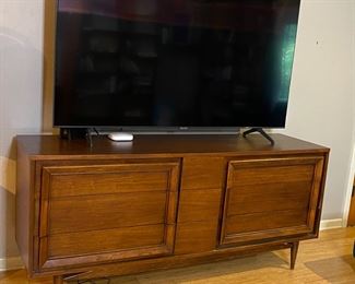 mcm walnut low chest and 65" Samsung TV