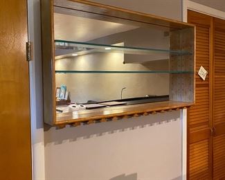 maple bar shelf with adjustable shelves and stem ware holders 