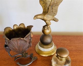 larfe Victorian brass and marble eagle, art deco bronze planter and antique French brass ink well