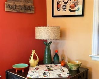 Mid century modern lamp. Oak square table with carved aprons.