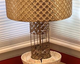 Mid century lamp with metal fretwork and ceramic bowls 