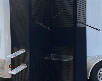 Black commercial backdrop/display panel with accessories and transport case. 96-1/2" wide fully extended. Each panel is 24".  91-1/2 " tall (both sets stacked together) Accordion style: folds to one panel width.