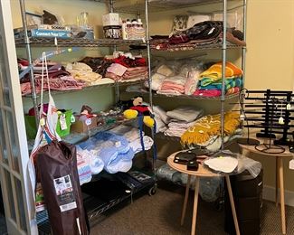 Linens. Beanie babies, Jewelry display items.