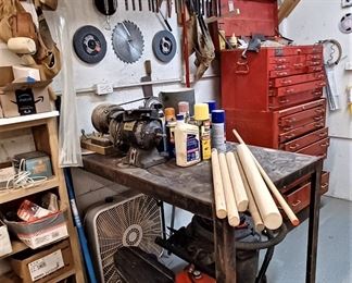 Clamps, tool chest work table bench grinders, air tank and more