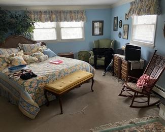 Bedroom set, antique rocker, carpet