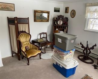 Victorian room, privacy screen, Eastlake desk, wall art