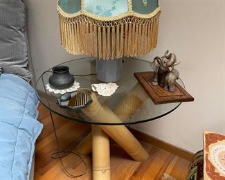 Bamboo cluster end table, silk lamp shade 