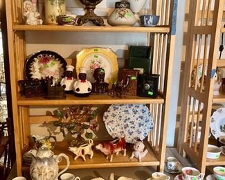 More porcelain: teacups, antique chocolate set, English MCM teapot, chintz, Germany