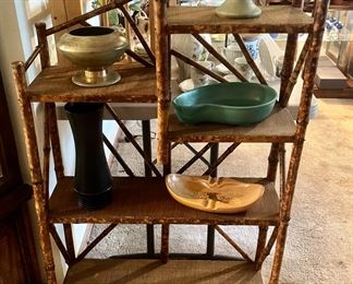 Nice bamboo shelf with some MCM pottery: Haeger, Freeman McFarlin, Redwing