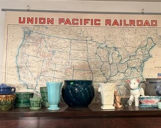 1950s? Union Pacific Railroad wall map + pottery