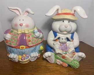 Two Easter Bunny Cookie Jars (1 cracked lid)