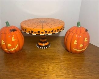 Glitterville Halloween Cake Stand and 2 Pumpkin Candy Jars