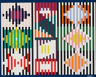 4
Yaacov Agam
b.1928
Composition
Screenprint in colors on paper
Edition: 41/99
Signed and numbered in ink along the lower margin: Agam; titled by repute
Image: 16" H x 20.75" W; Sight: 17.25" H x 23" W
Estimate: $1,000 - $1,500