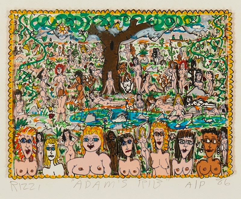 1
James Rizzi
1950-2011
"Adam's Rib," 1986
3D construction relief screenprint in colors
Artist's Proof aside from the edition of 175
Signed, titled, and dated in pencil in the lower margin: Rizzi
Image/Sheet: 4.625" H x 6.125" W
Estimate: $1,000 - $1,500