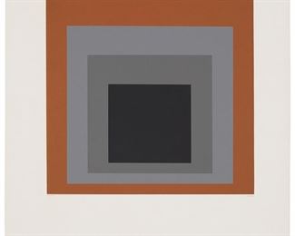 7
Josef Albers
1888-1976
One Plate From "Homage To The Square," 1964
Screenprint in colors on a double-size sheet of wove paper, folded as issued
Edition: 72/125
Initialed and dated in pencil lower right: A; numbered in pencil lower left
Image: 11" H x 11" W; Sheet (folded): 19" H x 15" W
Estimate: $3,000 - $5,000