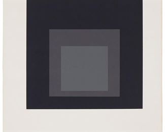8
Josef Albers
1888-1976
One Plate From "Homage To The Square," 1964
Screenprint in colors on a double-size sheet of wove paper, folded as issued
Edition: 72/125
Initialed and dated in pencil lower right: A; numbered in pencil lower left
Image: 11" H x 11" W; Sheet (folded): 19" H x 15" W
Estimate: $3,000 - $5,000
