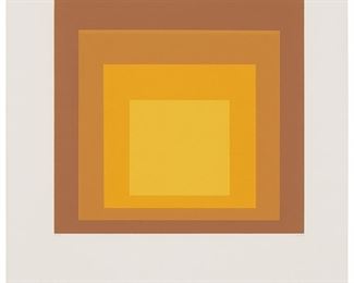 9
Josef Albers
1888-1976
One Plate From "Homage To The Square," 1964
Screenprint in colors on a double-size sheet of wove paper, folded as issued
Edition: 72/125
Initialed and dated in pencil lower right: A; numbered in pencil lower left
Image: 11" H x 11" W; Sheet (folded): 19" H x 15" W
Estimate: $3,000 - $5,000