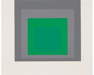 10
Josef Albers
1888-1976
One Plate From "Homage To The Square," 1964
Screenprint in colors on a double-size sheet of wove paper, folded as issued
Edition: 72/125
Initialed and dated in pencil lower right: A; numbered in pencil lower left
Image: 11" H x 11" W; Sheet (folded): 19" H x 15" W
Estimate: $3,000 - $5,000