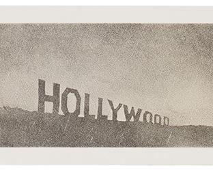 13
Edward Ruscha
b. 1937
"Hollywood In The Rain," From "Hollywood Collects," 1970
Offset lithograph on paper
Edition: 80/220
Signed and numbered in pencil along the lower margin: Ed Ruscha; with the title, date, and copyright of the original 1969 lithograph printed in black ink directly below the image, at right; Otis Art Institute, Los Angeles, CA, pub.
Image: 8.125" H x 32.75" W; Sheet: 10.5" H x 35.125" W
Estimate: $3,000 - $5,000