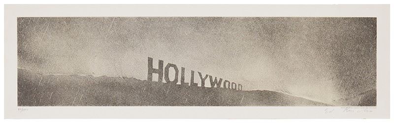 13
Edward Ruscha
b. 1937
"Hollywood In The Rain," From "Hollywood Collects," 1970
Offset lithograph on paper
Edition: 80/220
Signed and numbered in pencil along the lower margin: Ed Ruscha; with the title, date, and copyright of the original 1969 lithograph printed in black ink directly below the image, at right; Otis Art Institute, Los Angeles, CA, pub.
Image: 8.125" H x 32.75" W; Sheet: 10.5" H x 35.125" W
Estimate: $3,000 - $5,000