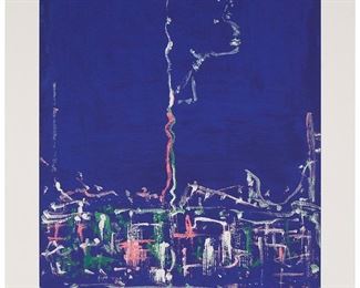 14
Miles Davis
1926-1991
"New York By Night"
Screenprint in colors on Stonehenge paper
Edition: 145/300
With the estate stamped signature in the lower right margin: Miles; numbered in pencil, with two blindstamps, and with the artist's red chopmark, along the lower margin; with the estate ink stamp verso: The Estate of Miles Davis, 1998; Atelier GF, Toronto, Canada, prntr.; Bag One Arts INC., New York, NY, pub.
Image: 34.25" H x 24.25" W; Sheet: 42" H x 30" W
Estimate: $1,500 - $2,000