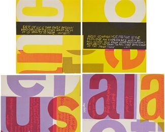 19
Mary (Sister) Corita Kent
1918-1986
Four Plates From: "Words Of Ugo Betti: Innocence And The Process Of Justification In The Late Plays Of Ugo Betti," 1965
Four screenprints in colors on wove paper
Edition: 7/275
Each signed in ink along the lower edge, at center: Sister Mary Kent; loose, as issued, presented together within the protective section of the original book with red cloth-covered boards; Immaculate Heart College Press, Los Angeles, CA, pub.
Each image/sheet: 17.125" H x 13.5" W
Estimate: $1,500 - $2,500
