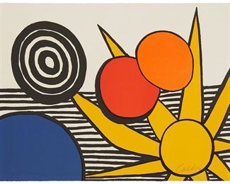 22
Alexander Calder
1898-1976
"Sun With Planets," 1973
Lithograph in colors on paper, watermark Arches
Edition: E.A., aside from the edition of 125
Signed and numbered in pencil lower right and left, respectively: Calder; partial watermark in the upper right corner; Maeght, Paris, France, pub.
Image/Sheet: 20.375" H x 28" W
Estimate: $3,000 - $5,000
