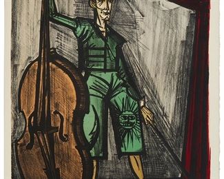 32
Bernard Buffet
1928-1999
"Clown Violoncelliste," 1969
Lithograph in colors on paper
Edition: 112/120
Signed and numbered in pencil in the lower margin: Bernard Buffet
Image: 27" H x 18.5" W; Sheet: 28.375" H x 20.125" W
Estimate: $800 - $1,200