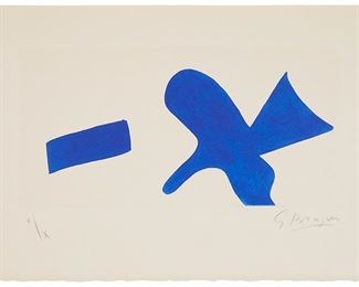 35
Georges Braque
1882-1963
"L'Oiseau Bleu," (Invitation Exposition Louis Broder Pour Le Livre De Braque), Circa 1960
Etching and aquatint in blue on paper, watermark BFK Rives
Edition: V/X
Signed and numbered in the lower margin: G. Braque; Atelier Crommelynck, Paris, pub.
Plate: 7.625" H x 15.375" W; Sheet: 13" H x 19.875" W
Estimate: $3,000 - $5,000