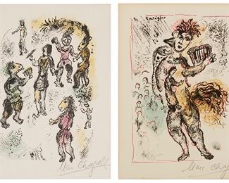 36
Marc Chagall (1887-1985)
Two works:

Plate 5 from "La Feerie et le Royaume," 1972
Lithograph in colors on Arches paper
Edition: 40/180
Signed and numbered in pencil along the lower margin: Marc Chagall
Image/Sheet: 11.875" H x 8.5" W

Plate 3 from "La Feerie et le Royaume," 1972
Lithograph in colors on Arches paper
Edition: 82/180
Signed and numbered in pencil along the lower margin: Marc Chagall
Image/Sheet: 11.875" H x 8.5" W
Estimate: $1,500 - $2,500