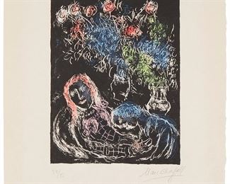 37
Marc Chagall
1887-1985
"Couple Sur Fond Noir II," 1973
Lithograph in colors on Japon nacre paper
Edition: 38/50
Signed and numbered in pencil in the lower margin: Marc Chagall; Maeght, Paris, pub.
Image: 13" H x 10" W; Sheet: 21.75" H x 16.75" W
Estimate: $2,500 - $3,500