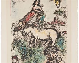 38
Marc Chagall
1887-1985
"Un Jardin Perdu," 1969
Lithograph in colors on wove paper
Edition: IV/XXV artist's proof, aside from the edition of 50
Signed and numbered in pencil along the lower margin: Marc Chagall
Image: 23.75" H x 15.75" W; Sheet: 30" H x 21.5" W
Estimate: $6,000 - $8,000