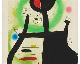 41
Joan Miro
1893-1983
"La Sorciere," 1969
Etching and aquatint in colors with carborundum on Arches paper
Edition: 17/75
Signed and numbered in pencil along the lower edge: Miro; Maeght, Paris, France, pub.
Plate: 39" H x 23.5" W; Sheet: 41.5" H x 27.75" W
Estimate: $12,000 - $18,000