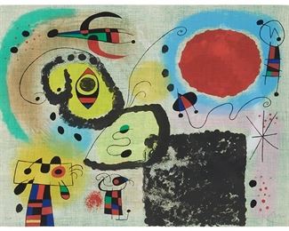 42
Joan Miro
1893-1983
"Centennaire De L'Imprimerie Mourlot," 1953
Lithograph in colors on wove paper, watermark Arches
One of 30 artist's proofs aside from the numbered edition of 75
Signed in pencil, lower right: Miro; inscribed in pencil, lower left: e.a. [epreuve d'artiste]; Mourlot, Paris, prntr./pub.
Image/Sheet: 19.875" H x 25.875" W"
Estimate: $15,000 - $25,000