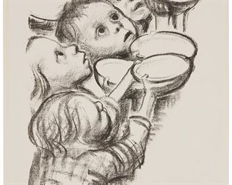 46
Kathe Kollwitz
1867-1945
"Deutschlands Kinder Hungert (Germany's Children Are Starving)," 1923
Lithograph on wove paper
Signed in pencil near the lower edge, at center
Plate: 17" H x 11.5" W; Sheet: 19.75" H x 14.75" W
Estimate: $1,000 - $2,000