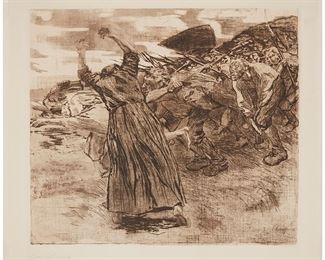 47
Kathe Kollwitz
1867-1945
"Losbruch (Outbreak)," From "Bauernkrieg (Peasants' War)," 1902
Etching, aquatint, and softground in brown ink on paper
From the edition of unknown size
Signed in pencil in the lower margin, at left: Kathe Kollwitz
Plate: 19.75" H x 23.125" W; Sheet: 23.5" H x 27" W
Estimate: $1,000 - $2,000